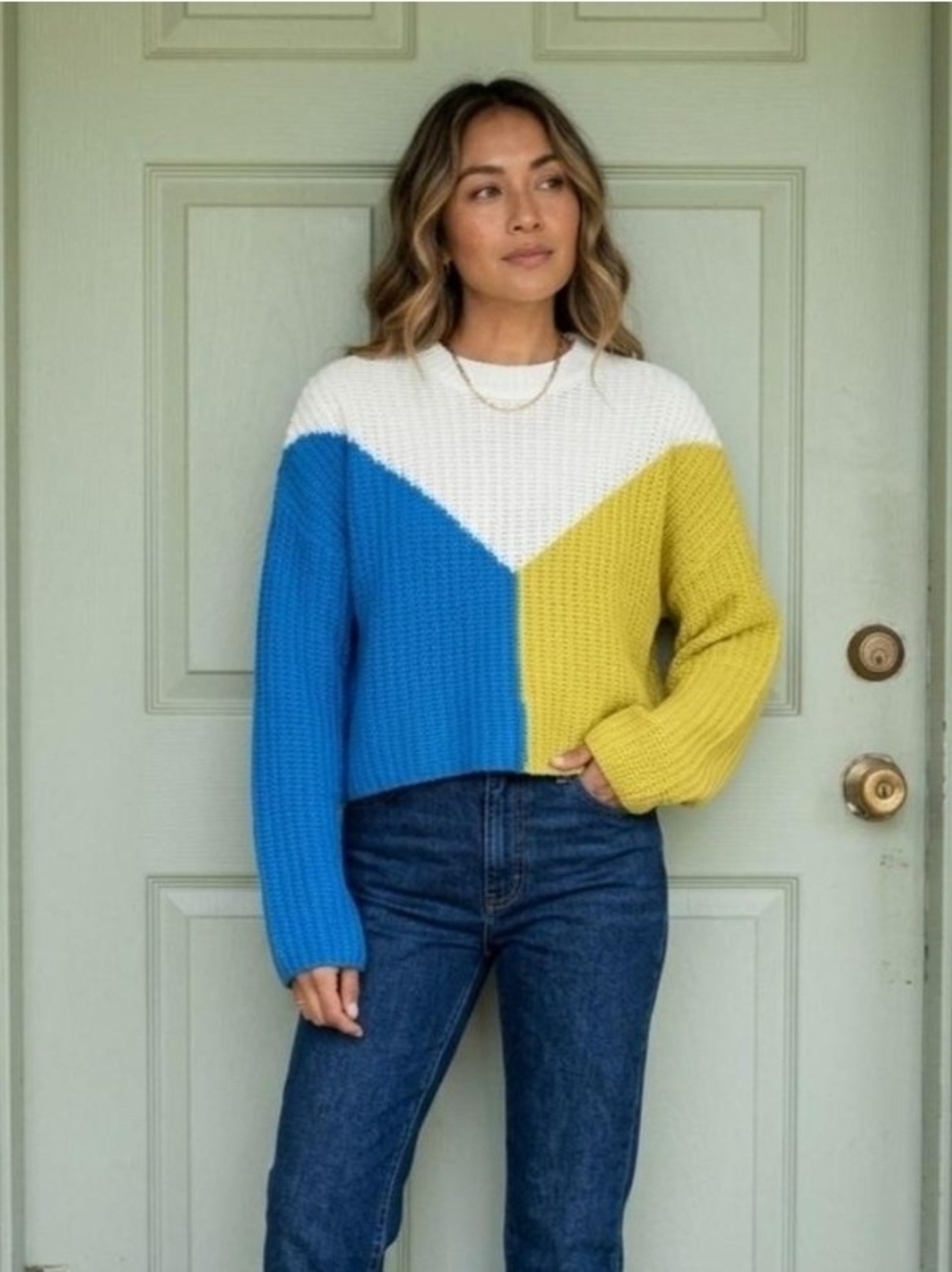 Sincerely Jules Colorblock Cropped Sweater in White, Blue & Lime